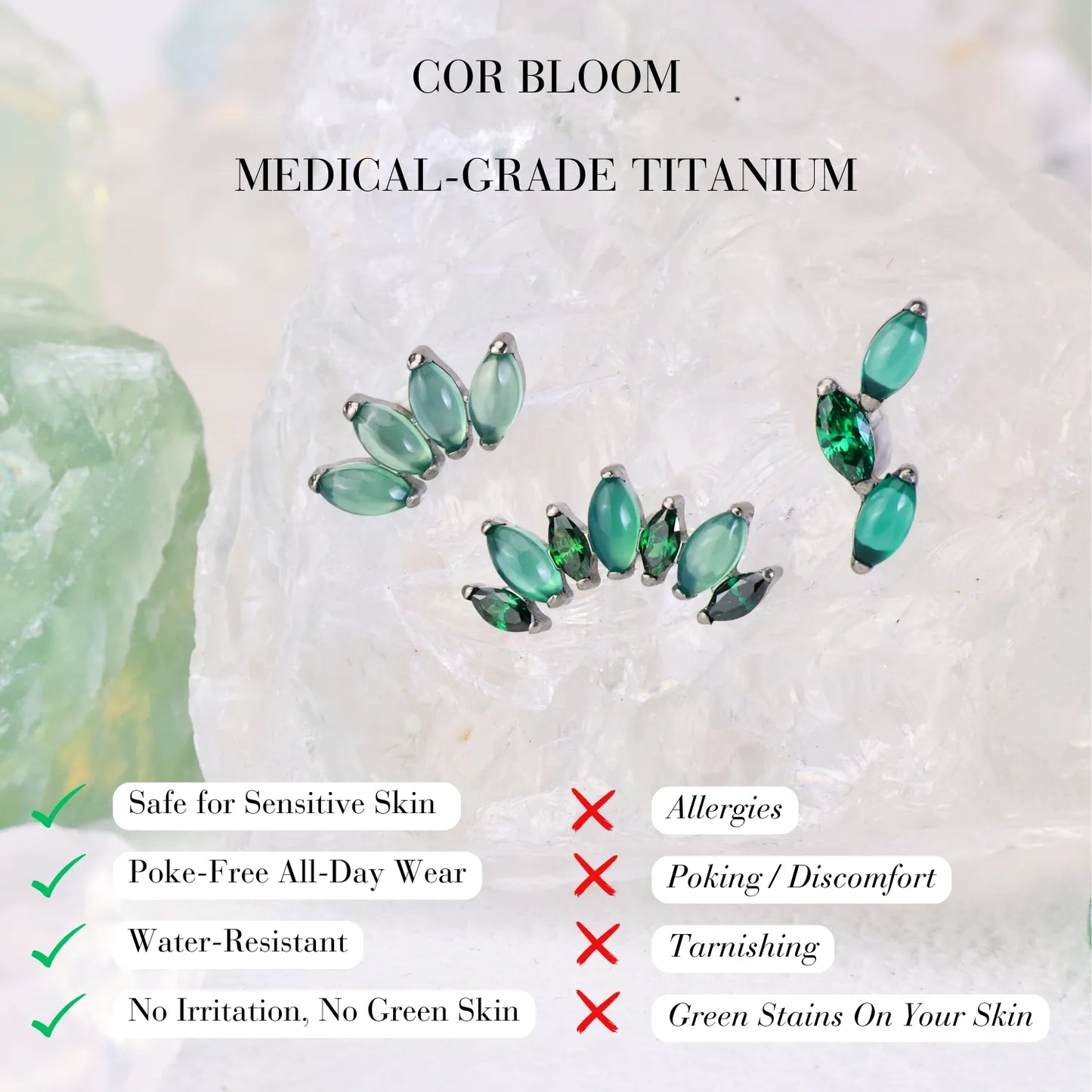 Titanium Trinity Green Jade Climbing Leaf Flat Back Stud