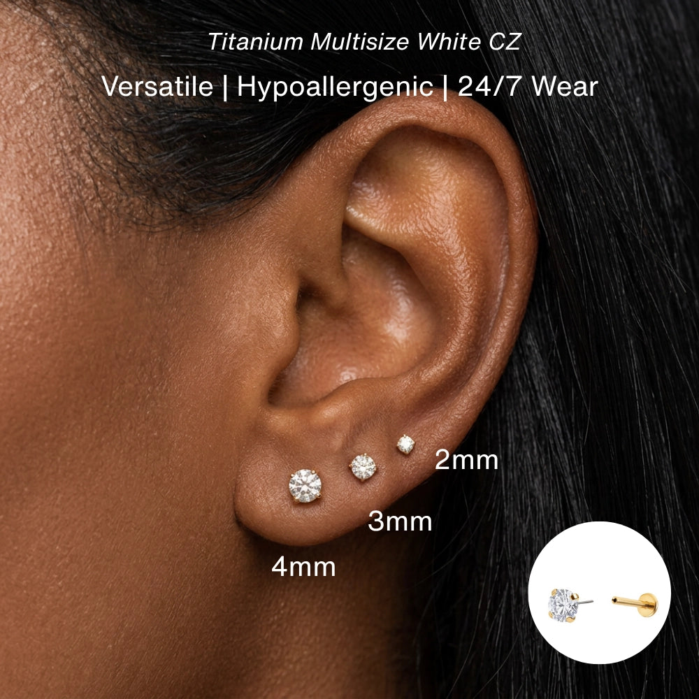 Titanium Multisize White CZ Push Pin Stud - Gold