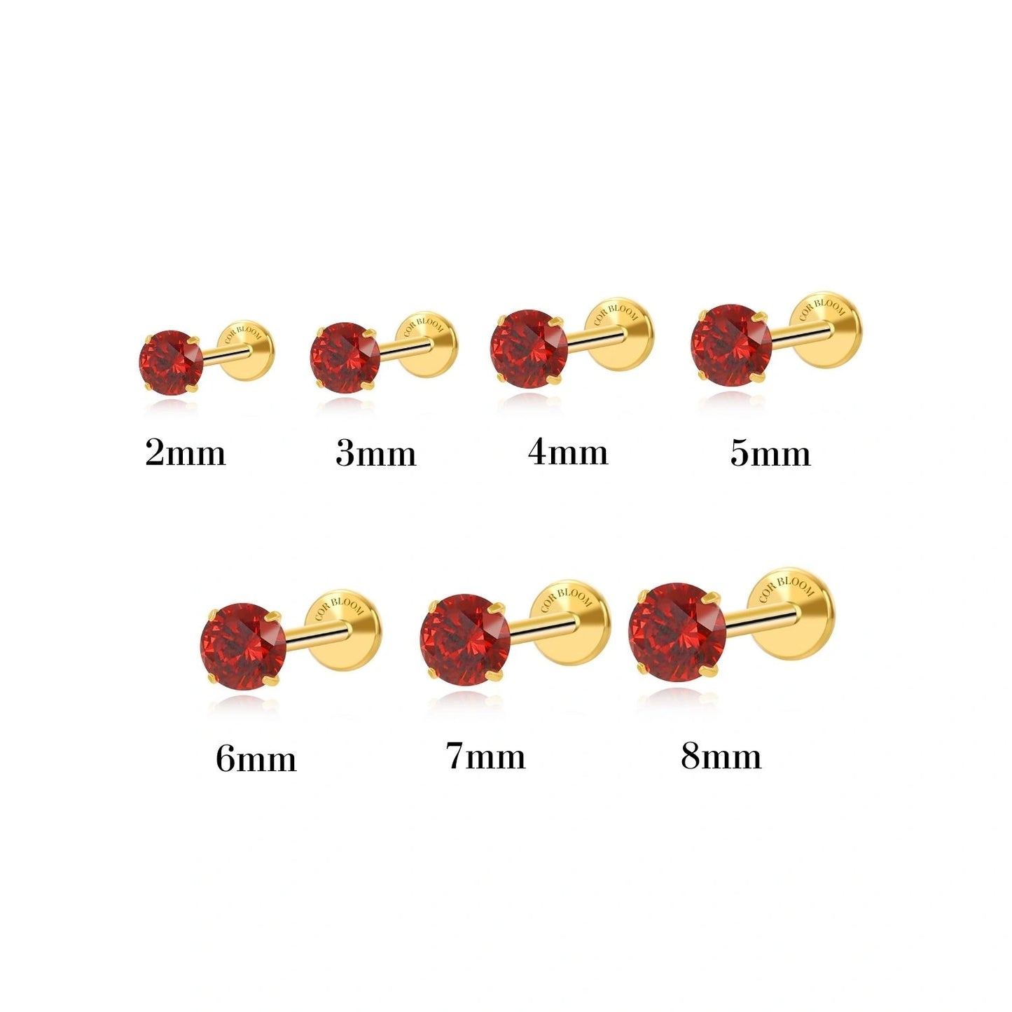 Titanium Multisize Red Garnet Gemstone Piercing Stud