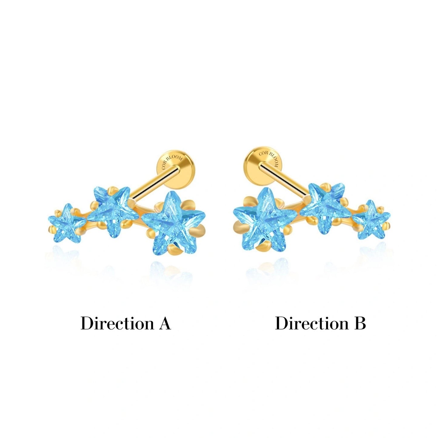 Aquamarine Trio Star Cluster Flat Back Piercing Stud