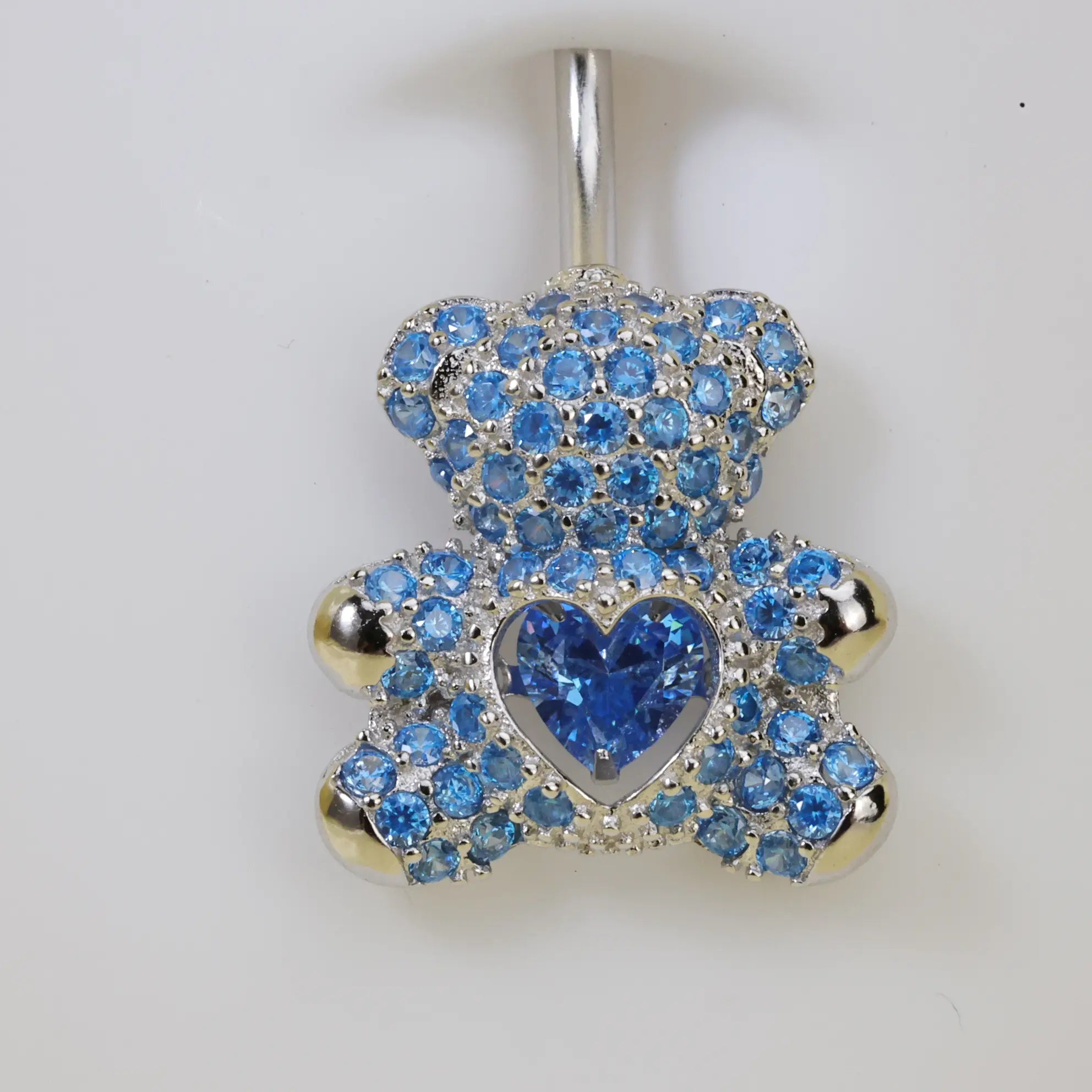 Aquamarine Teddy Bear Belly Button Ring (With Dangling Heart)
