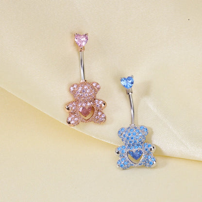 Pink Teddy Bear Belly Button Ring (With Dangling Heart)