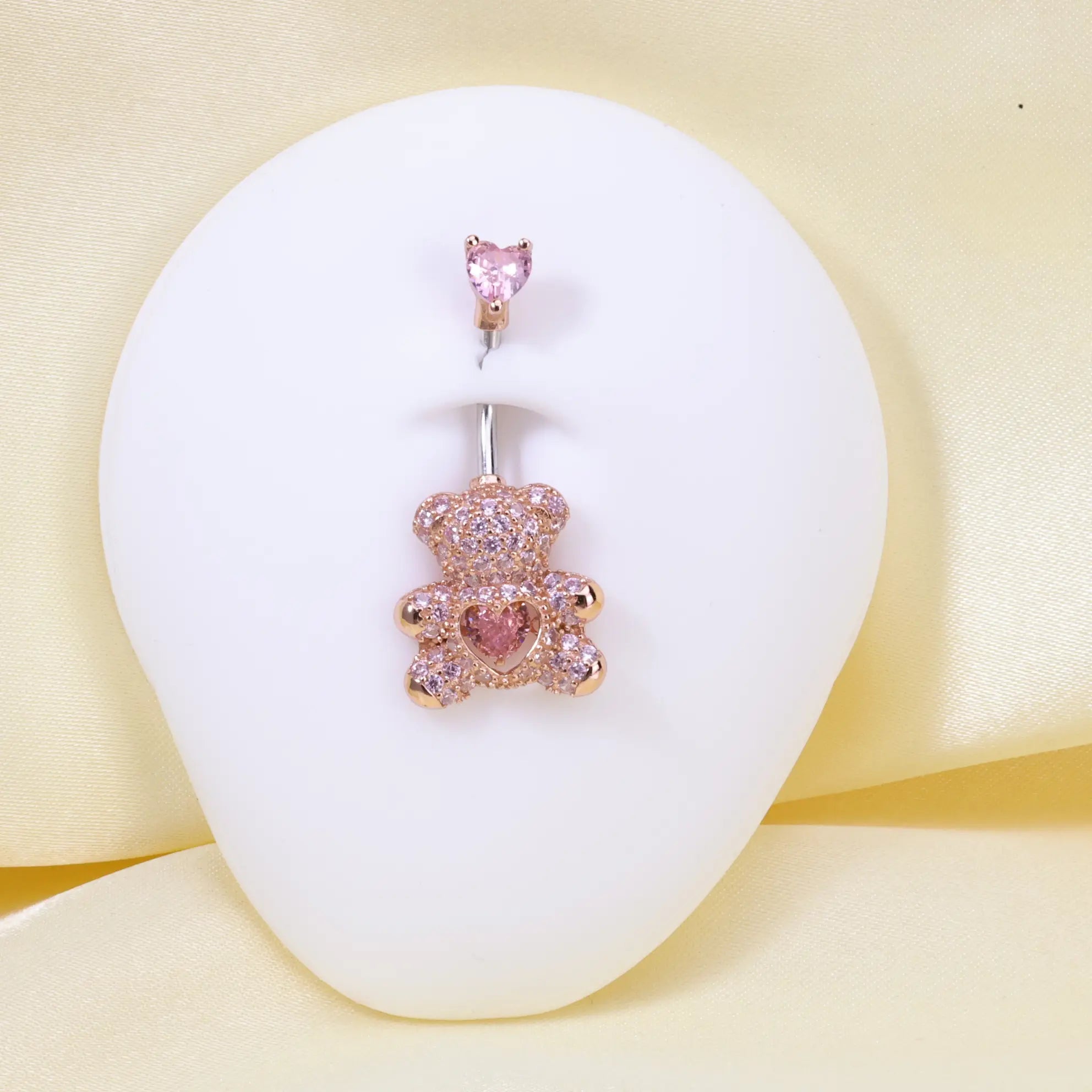 Pink Teddy Bear Belly Button Ring (With Dangling Heart)