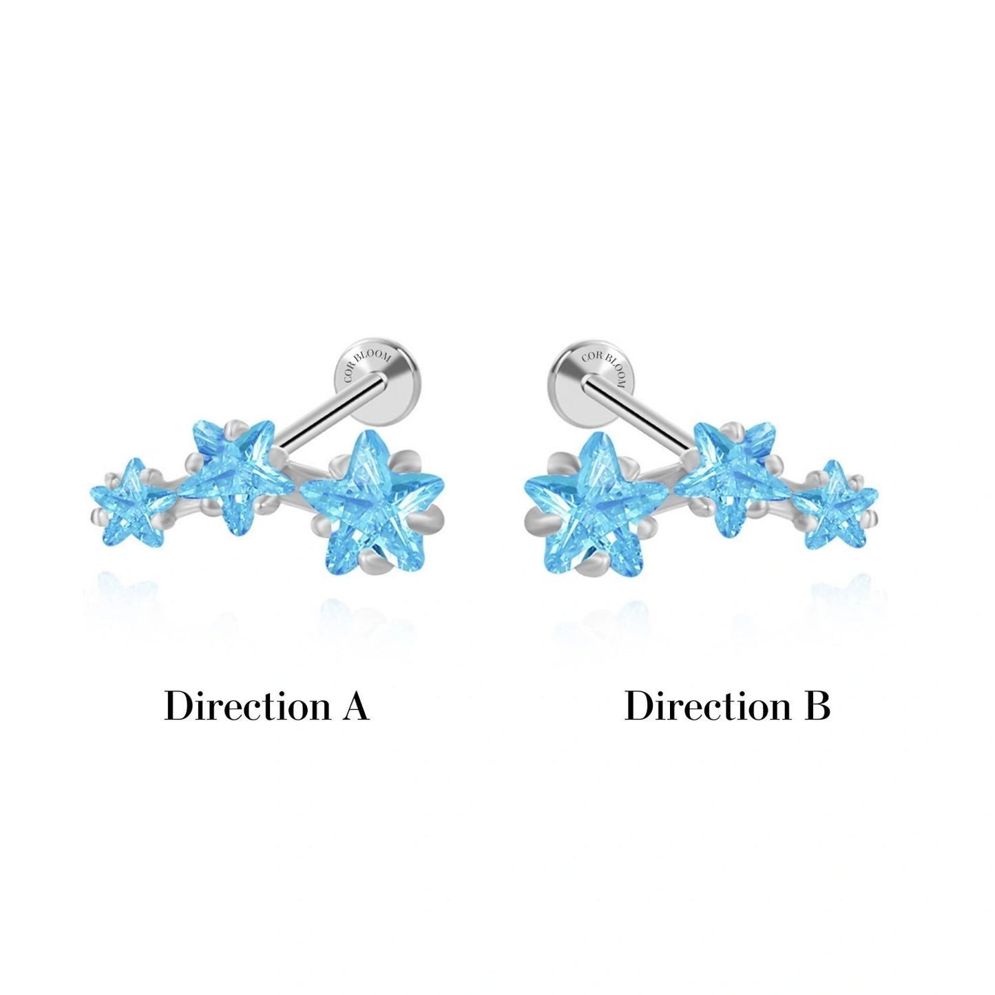 Aquamarine Trio Star Cluster Flat Back Piercing Stud