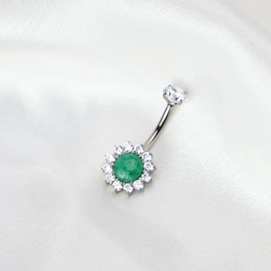 Titanium Green Jade Sunflower Belly Button Ring