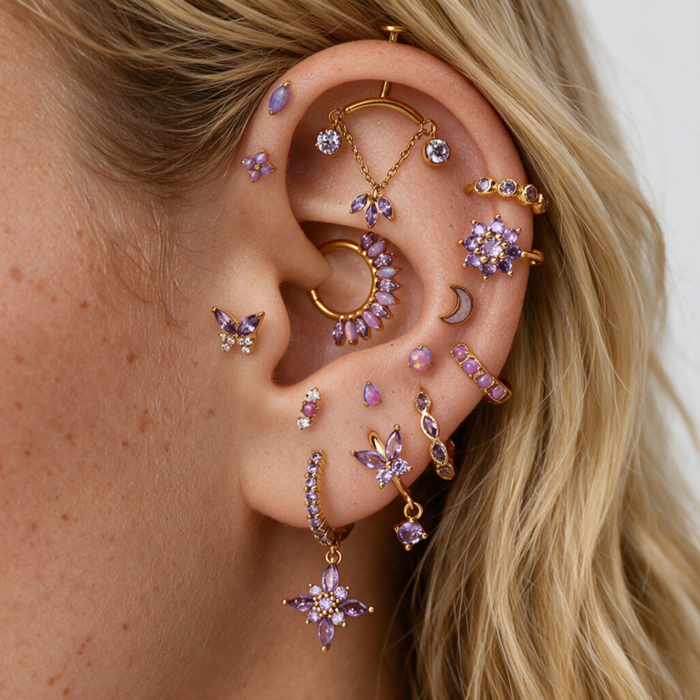 Titanium Mini Lyra Flat Back Stud - Violet Opal & Diamond