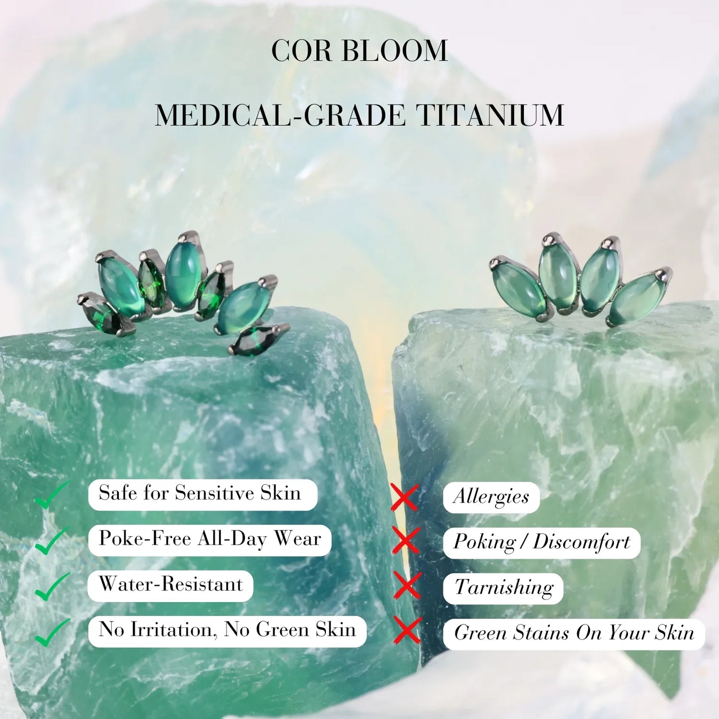 Titanium 7-Petal Green Jade Crown Flat Back Stud