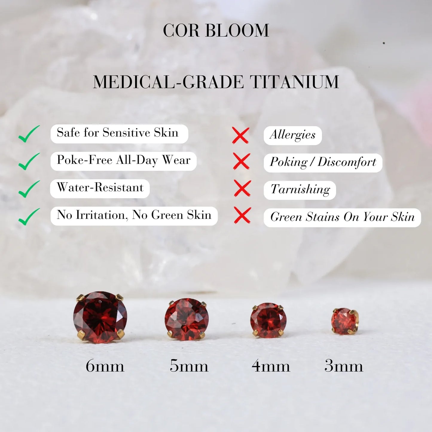 Titanium Multisize Red Garnet Gemstone Piercing Stud