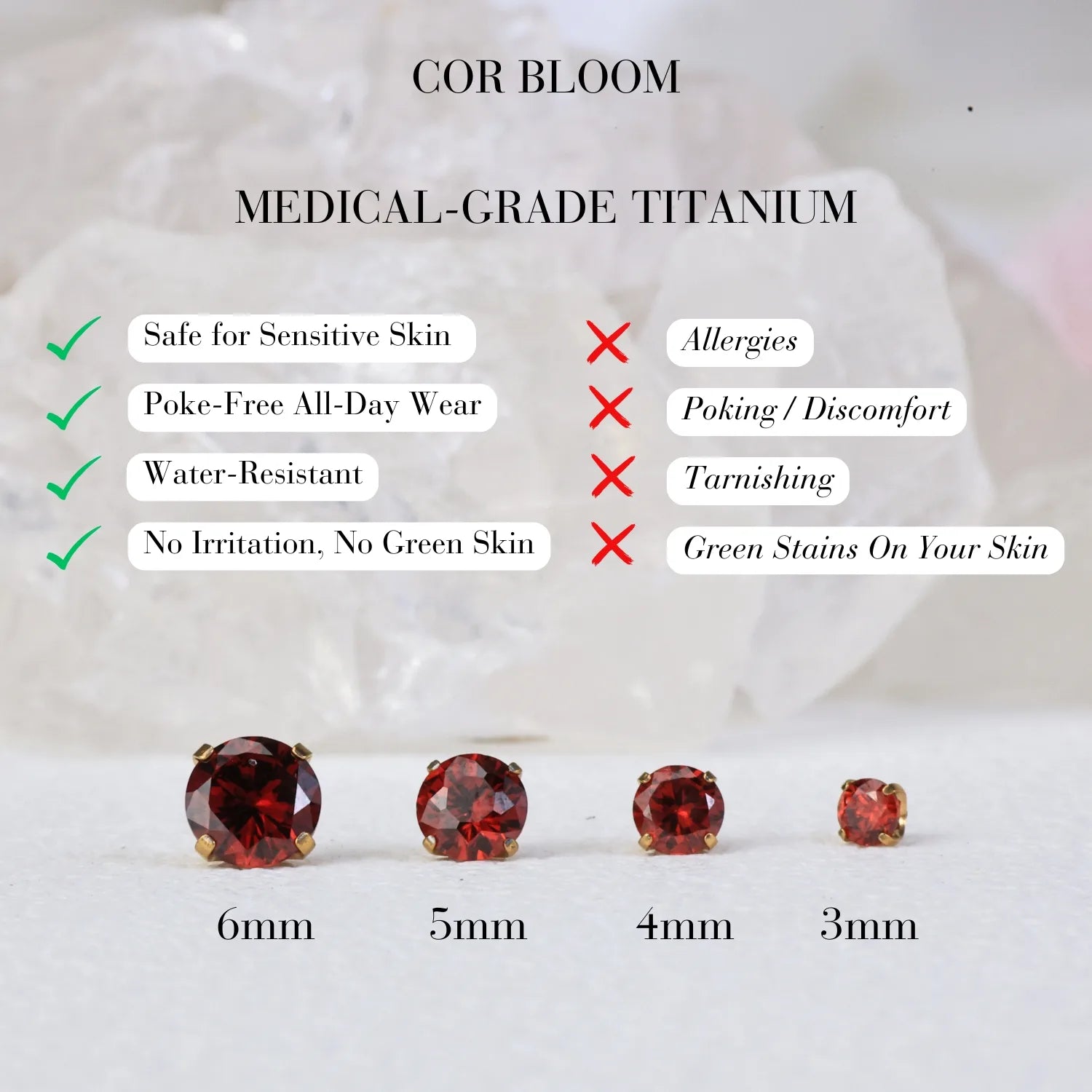 Titanium Multisize Red Garnet Gemstone Piercing Stud