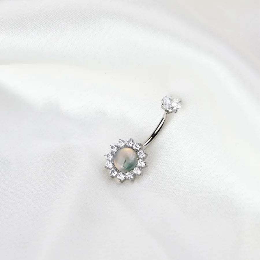 Titanium Moss Agate Sunflower Belly Button Ring