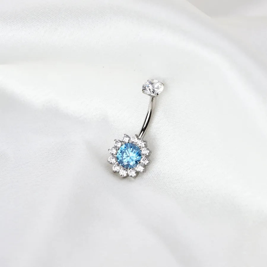Titanium Aquamarine Sunflower Belly Button Ring
