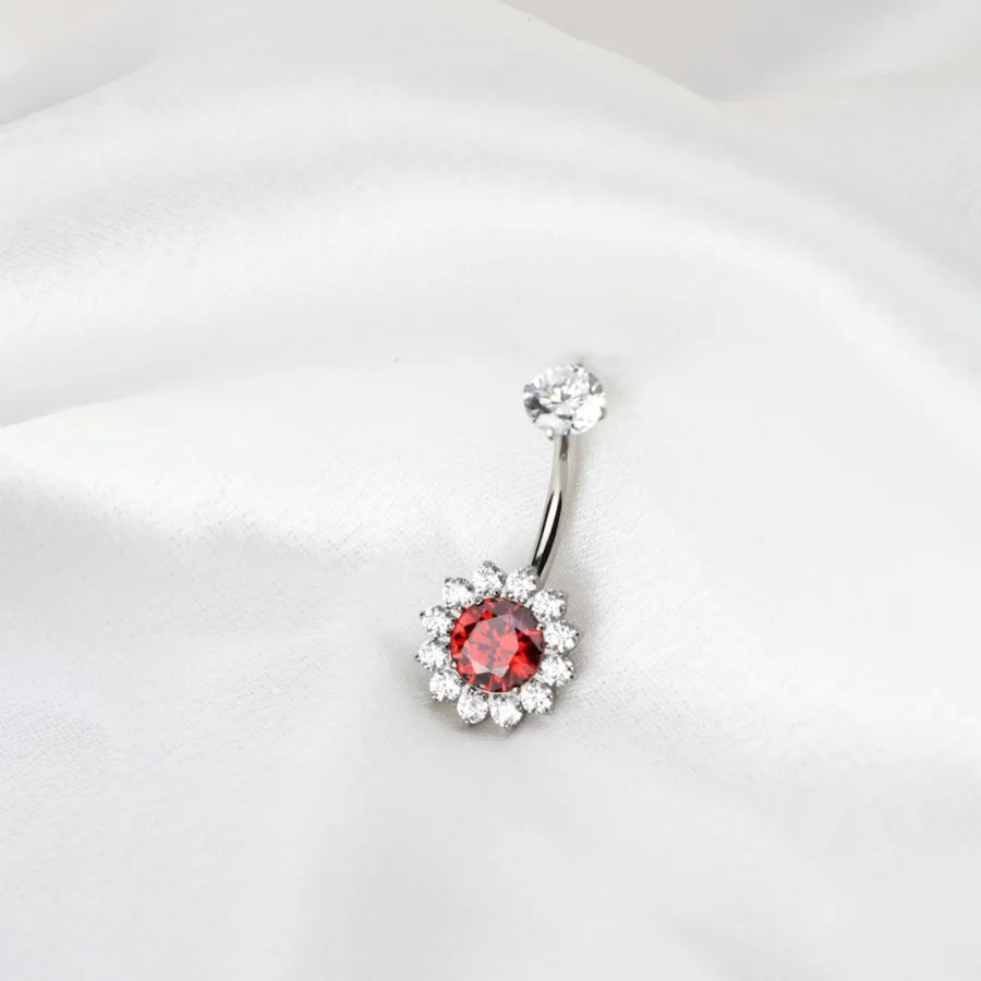 Titanium Sunflower Belly Ring - Red Garnet
