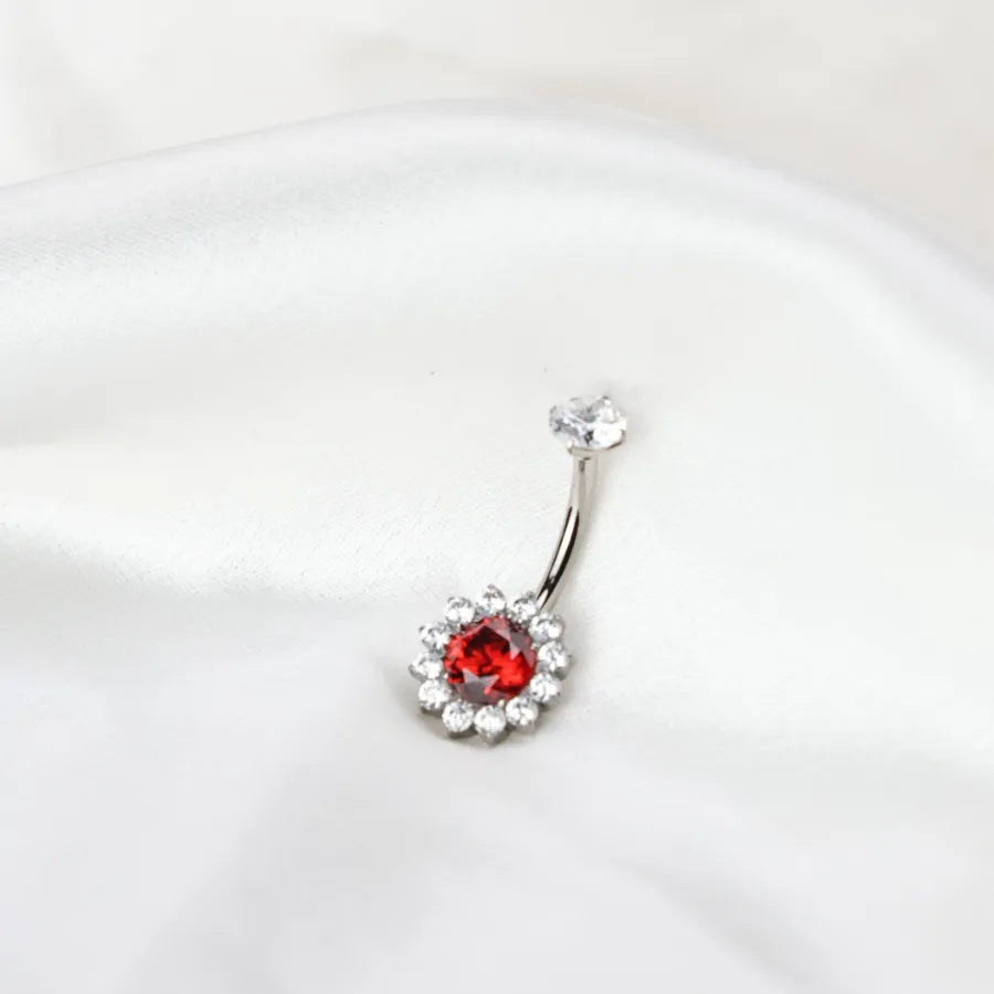Titanium Sunflower Belly Ring - Red Garnet