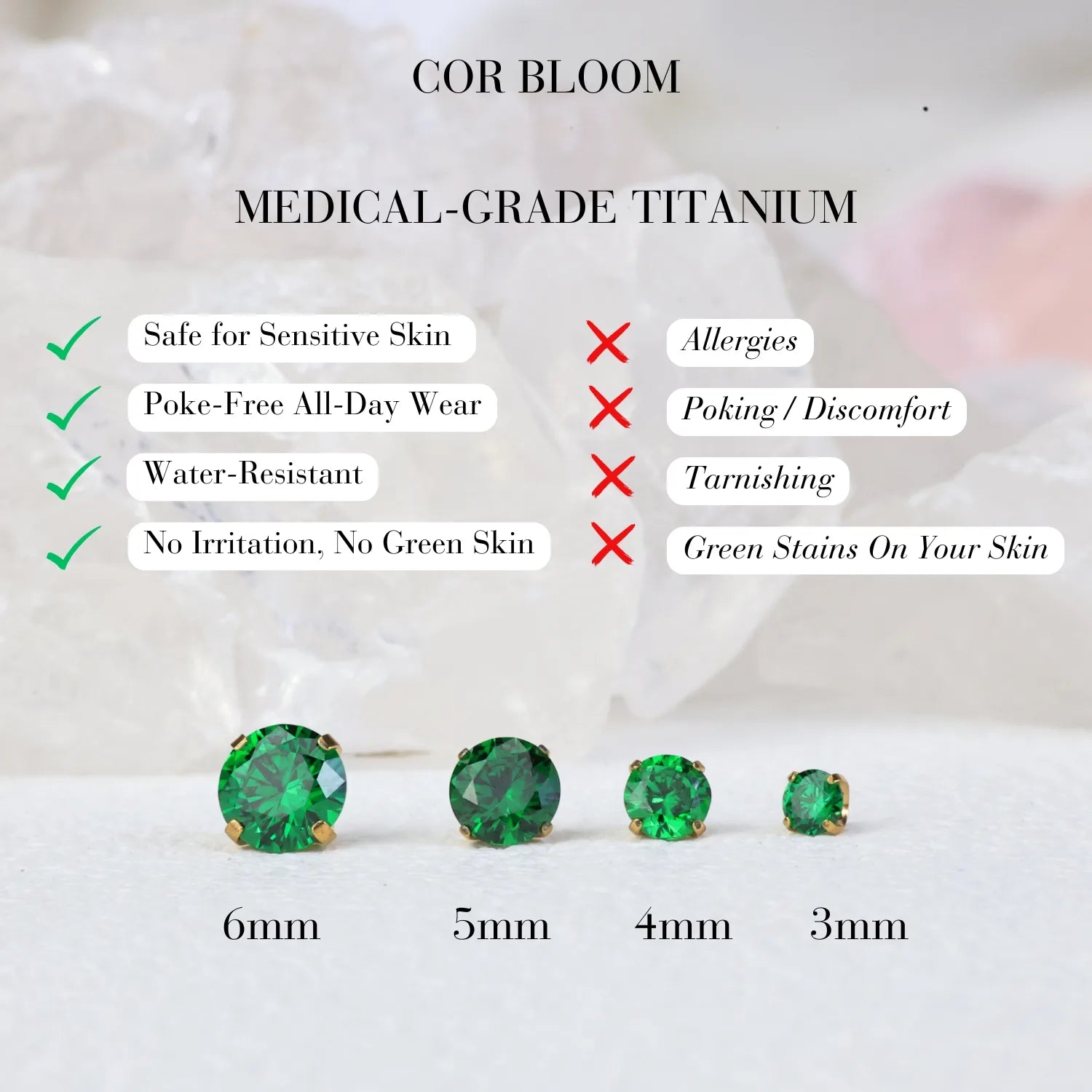 Titanium Multisize Green Emerald Stud (Push Pin)