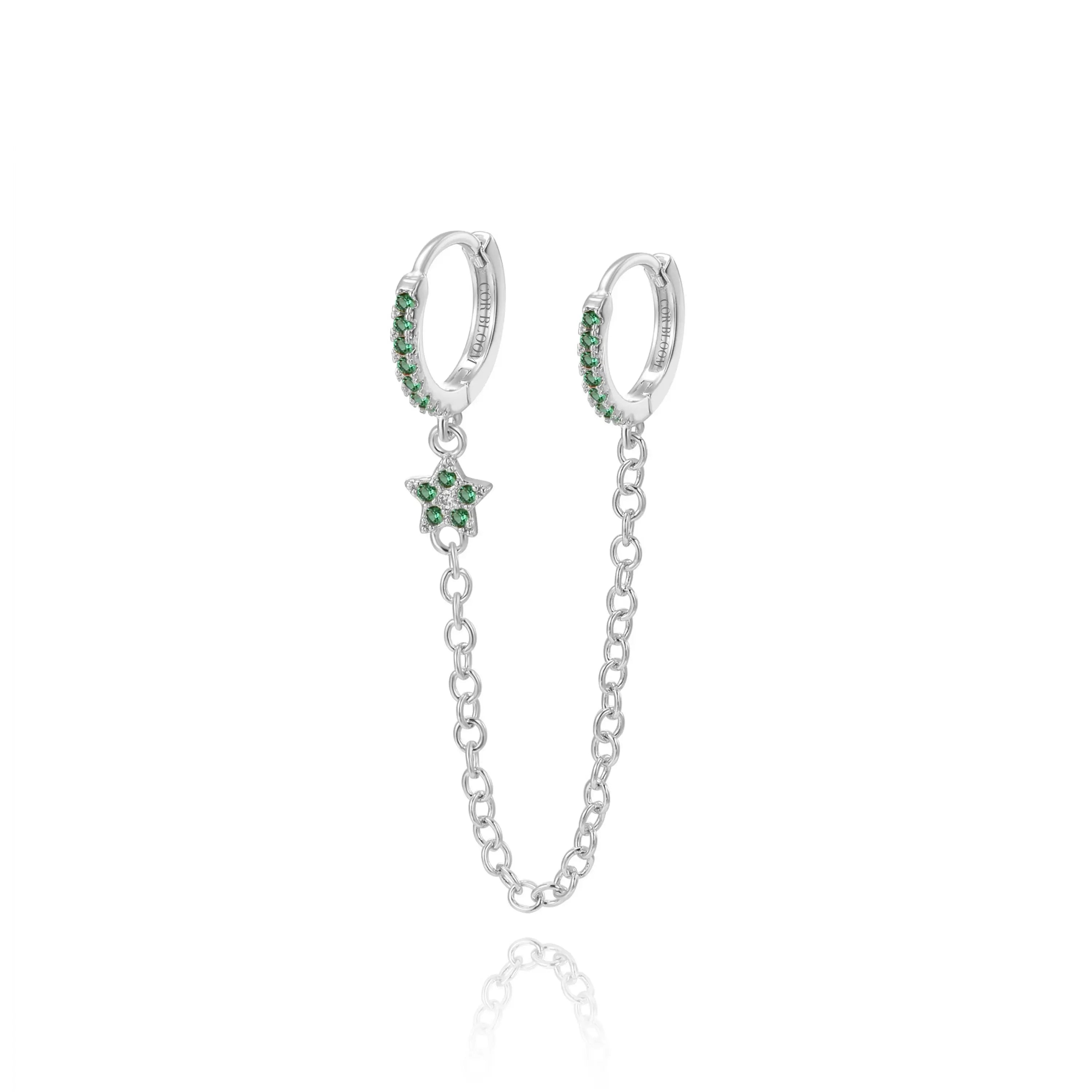 Aleena Pave Star Chain Earring - Green Emerald
