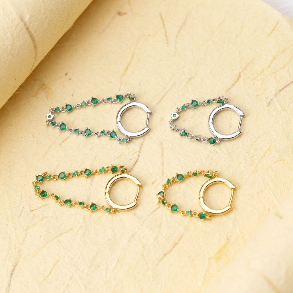 Livia Green Emerald Dangling Chain Hoop Earring