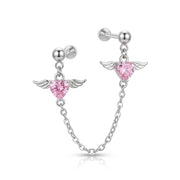Pink Angel Heart Connected Chain Screw Back Earring