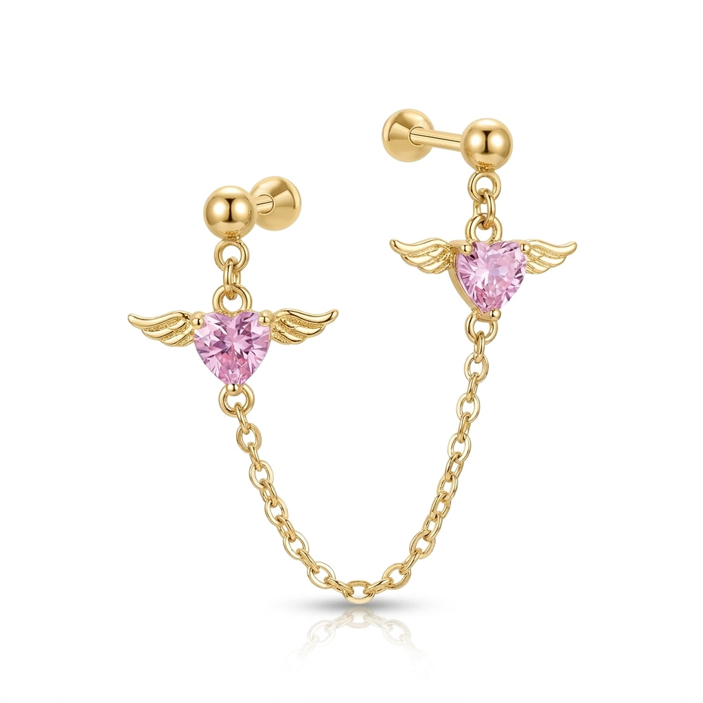 Pink Angel Heart Connected Chain Screw Back Earring