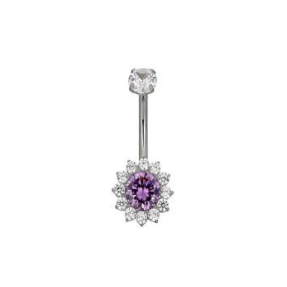 Titanium Sunflower Belly Ring - Amethyst