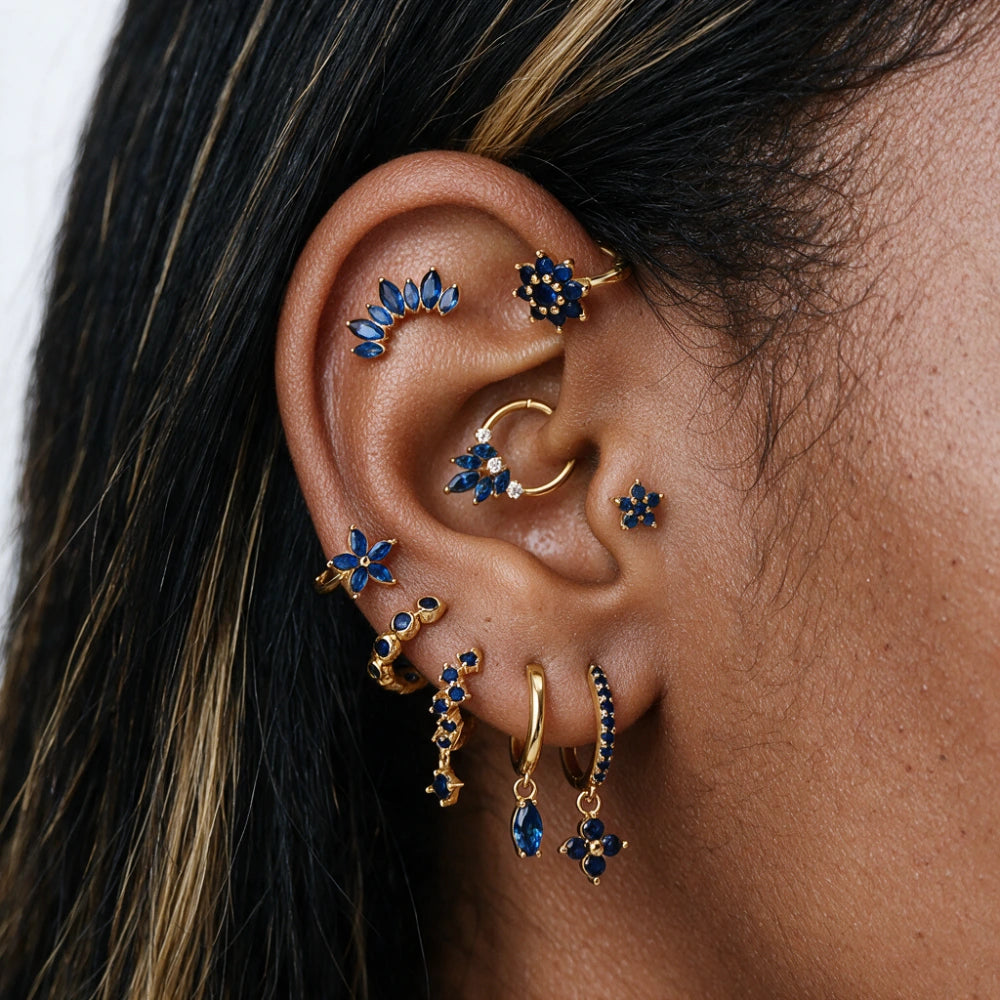 Ella Blue Sapphire Flower Huggie Earrings