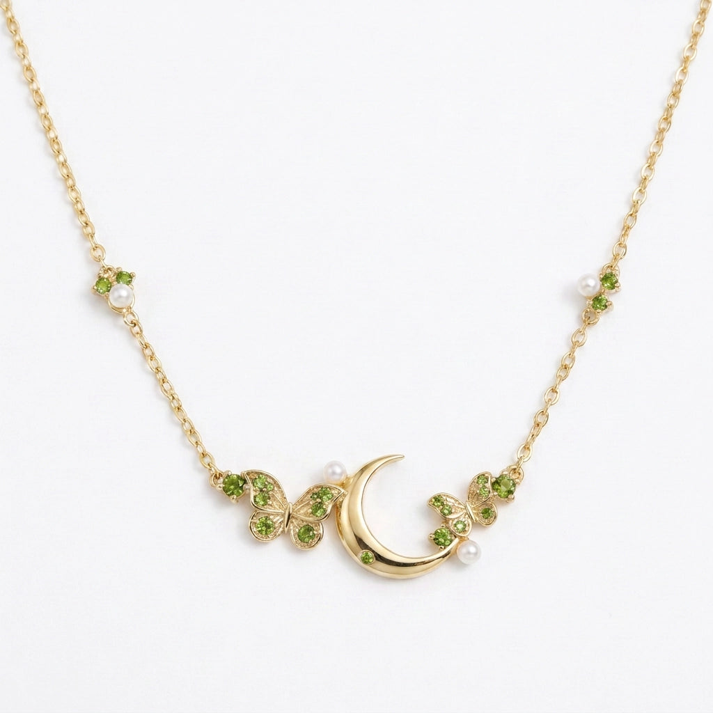 Peridot Crescent Moon & Butterfly Necklace