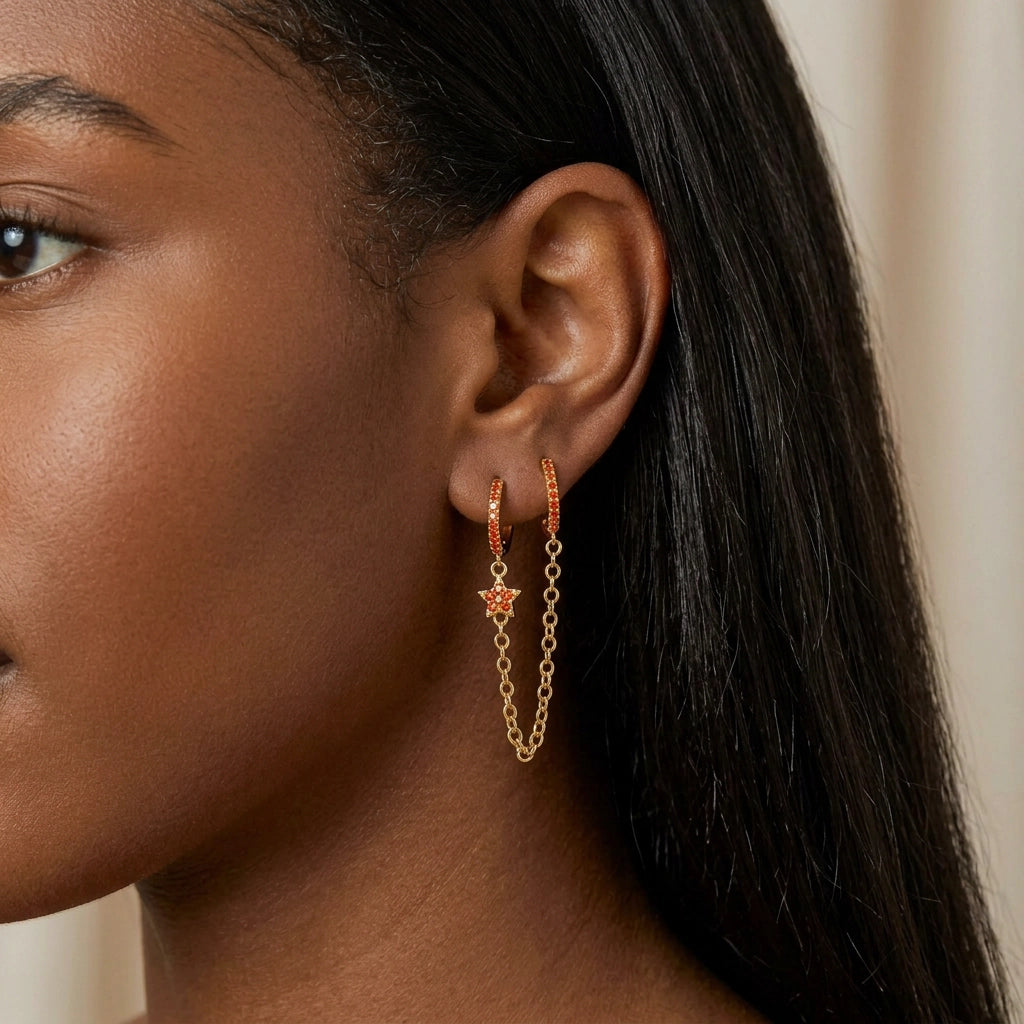 Aleena Pave Star Chain Earring - Red Garnet