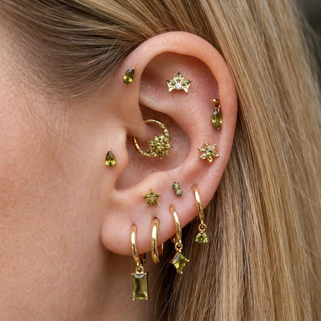 Titanium Azalea Dainty Peridot Flower Flat Back Stud