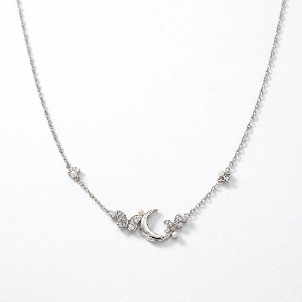 Diamond Crescent Moon & Butterfly Necklace
