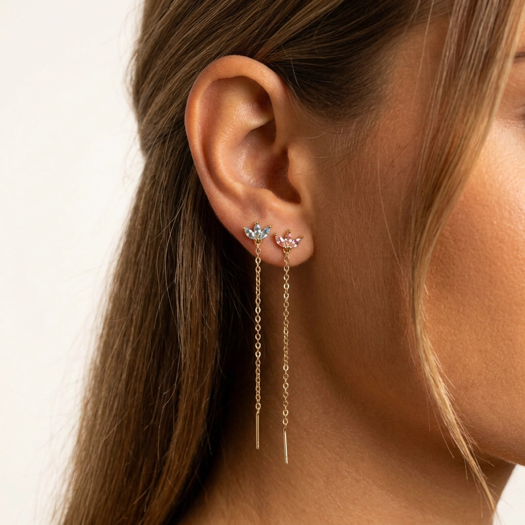 Alivia Three-Petal Dangling Chain Flatback Stud – Moonstone Magic