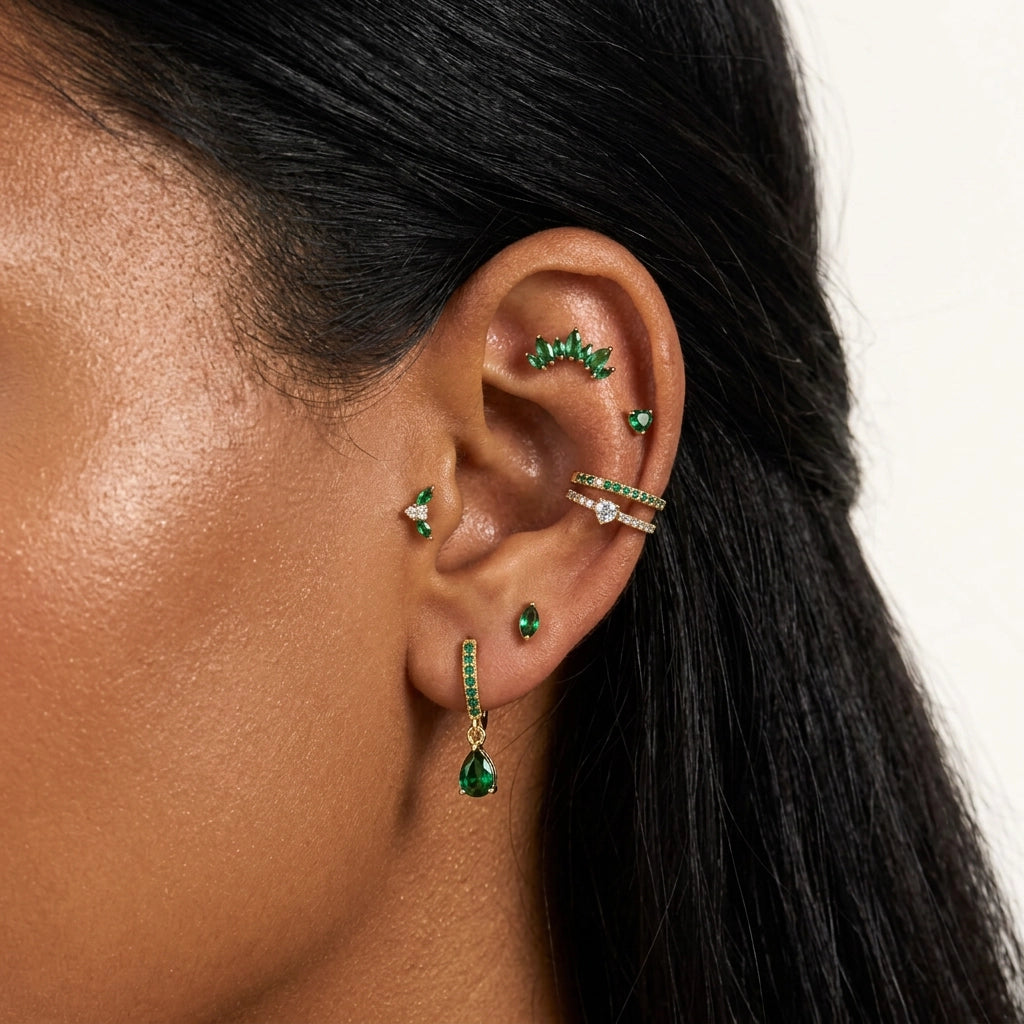 Titanium 7-Petal Green Jade Crown Flat Back Stud