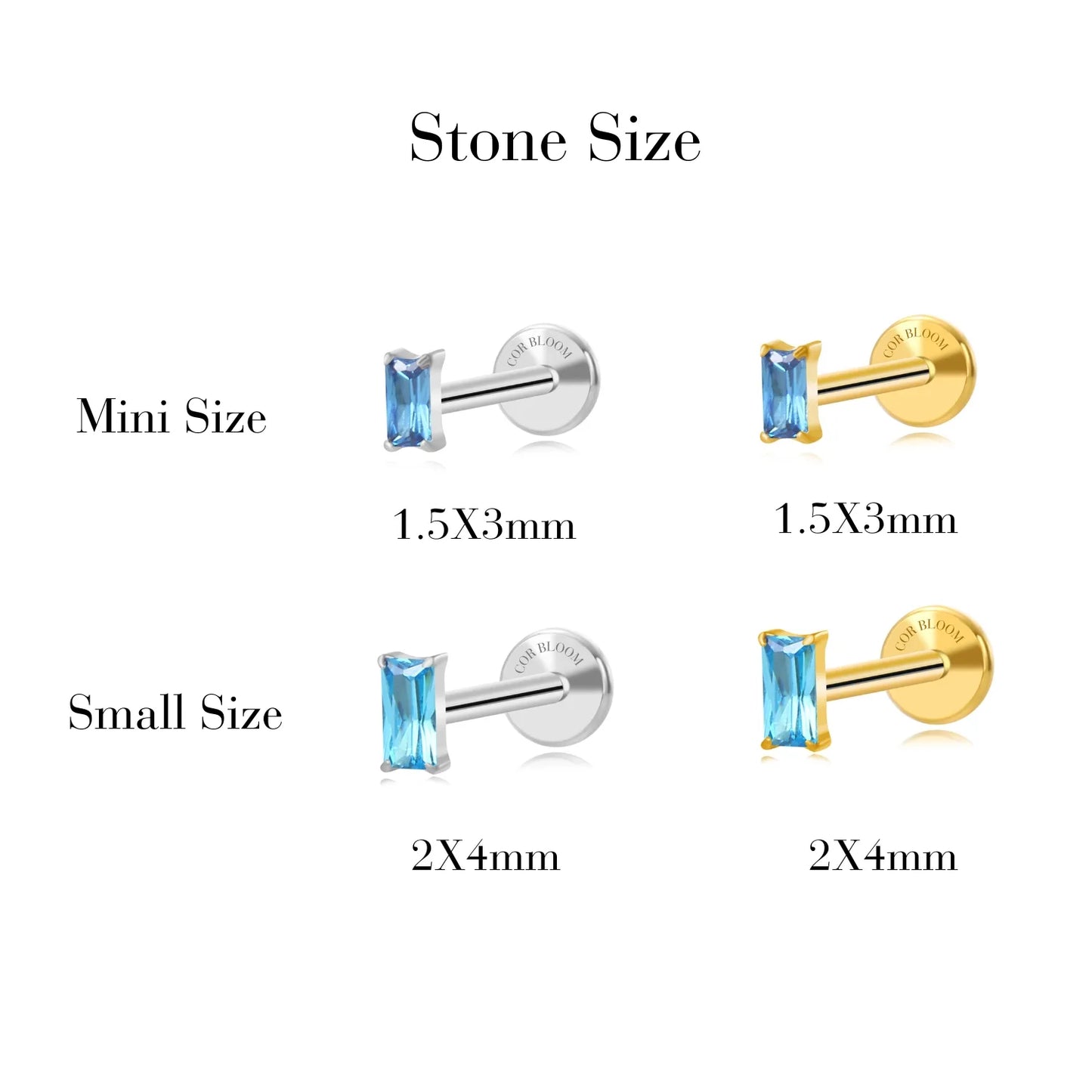 Titanium Small Rectangular Baguette Flat Back Stud - Aquamarine