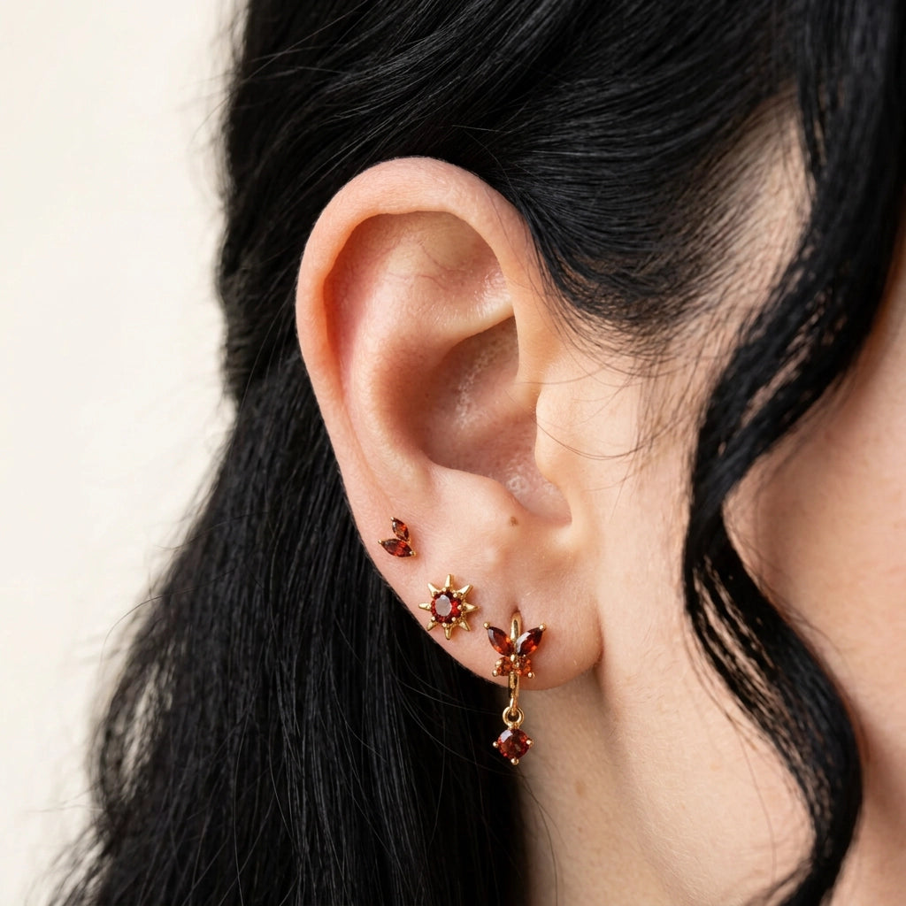Titanium Akosua Mini Duo Petal Red Garnet Stud