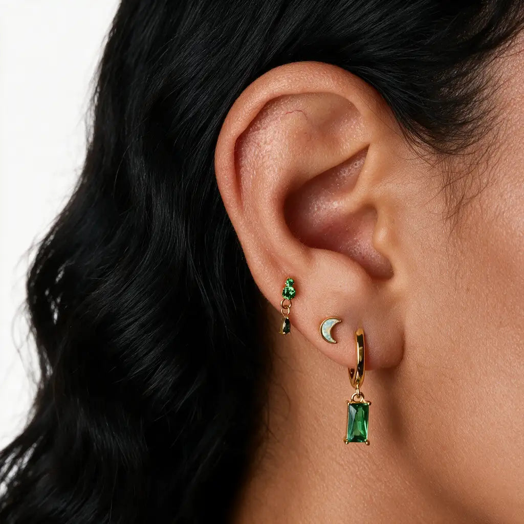 Amelia Green Emerald Baguette Hoop Earrings
