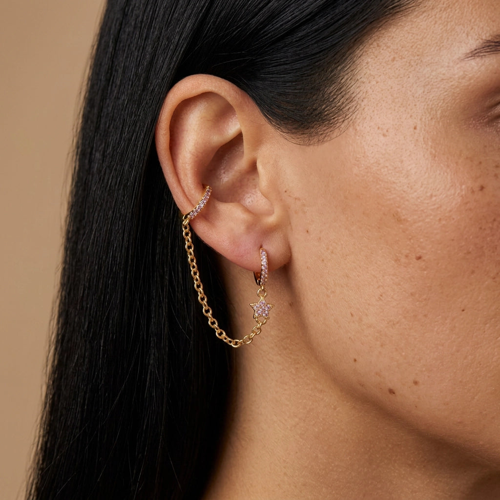 Aleena Pave Star Chain Earring - Pink Tourmaline