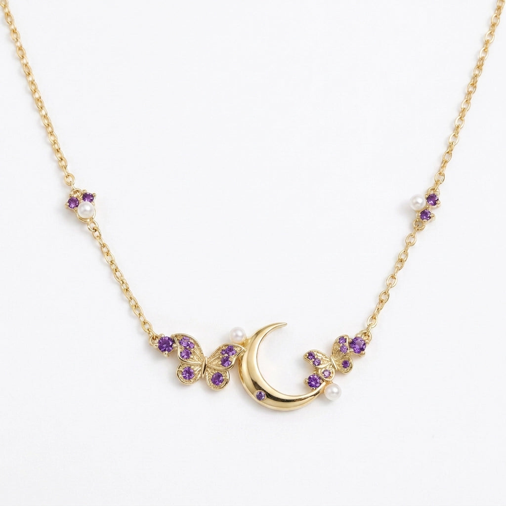 Amethyst Crescent Moon & Butterfly Necklace