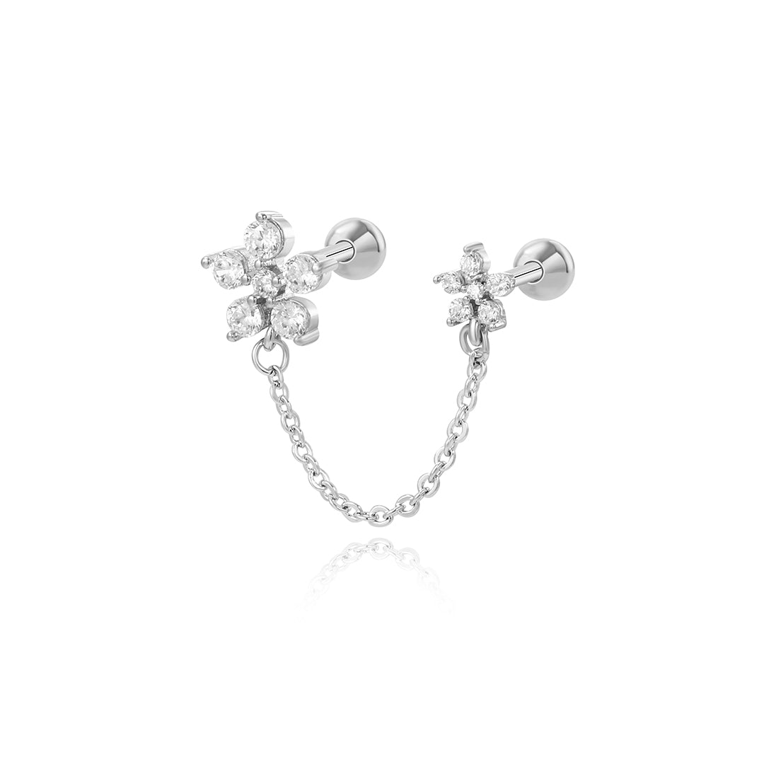 Duo Diamond Flower Connected Chain Ball End Stud