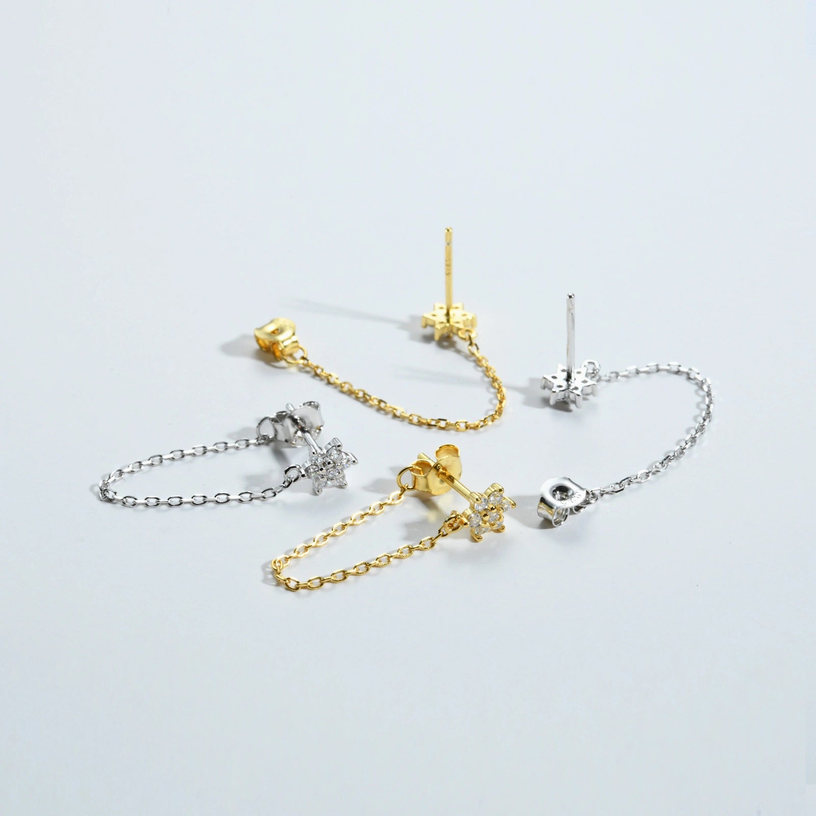 CZ Flower Dangling Chain Earrings