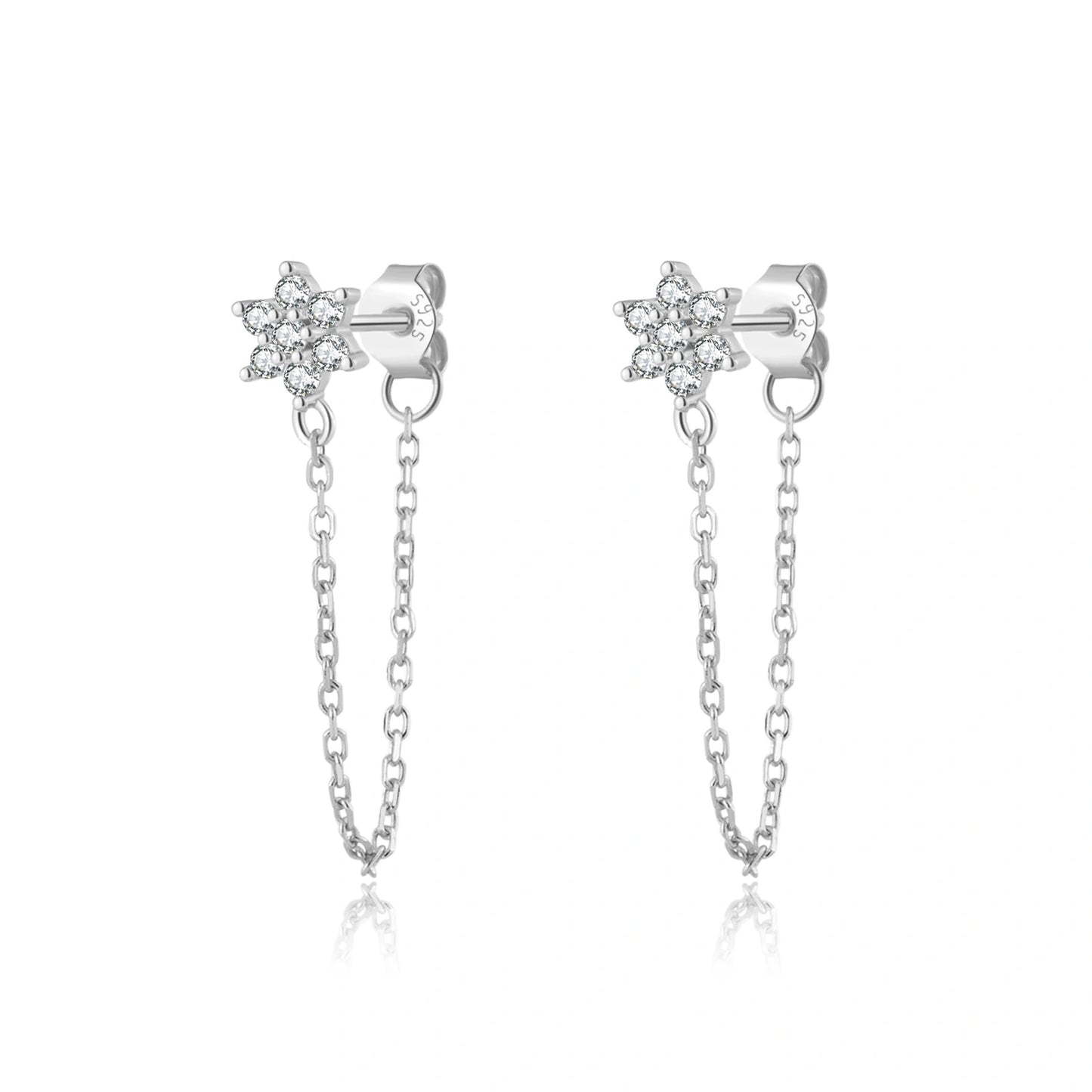 CZ Flower Dangling Chain Earrings