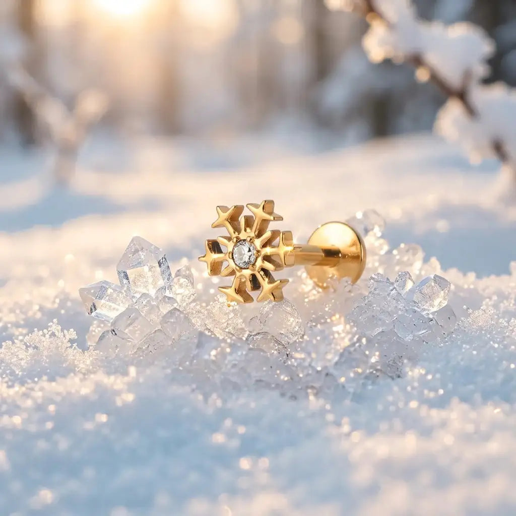 Petit clou d’oreille plat en titane en forme de flocon de neige, diamant