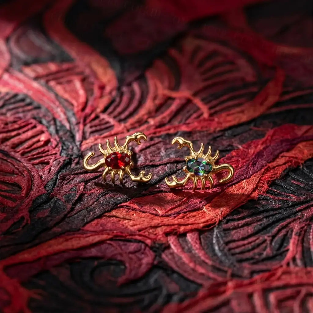 Clou à dos plat en titane Caracalla, scorpion en grenat rouge