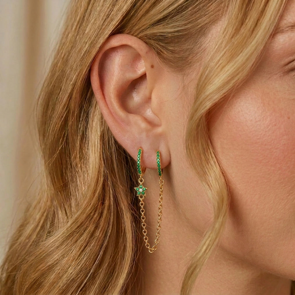Aleena Pave Star Chain Earring - Green Emerald