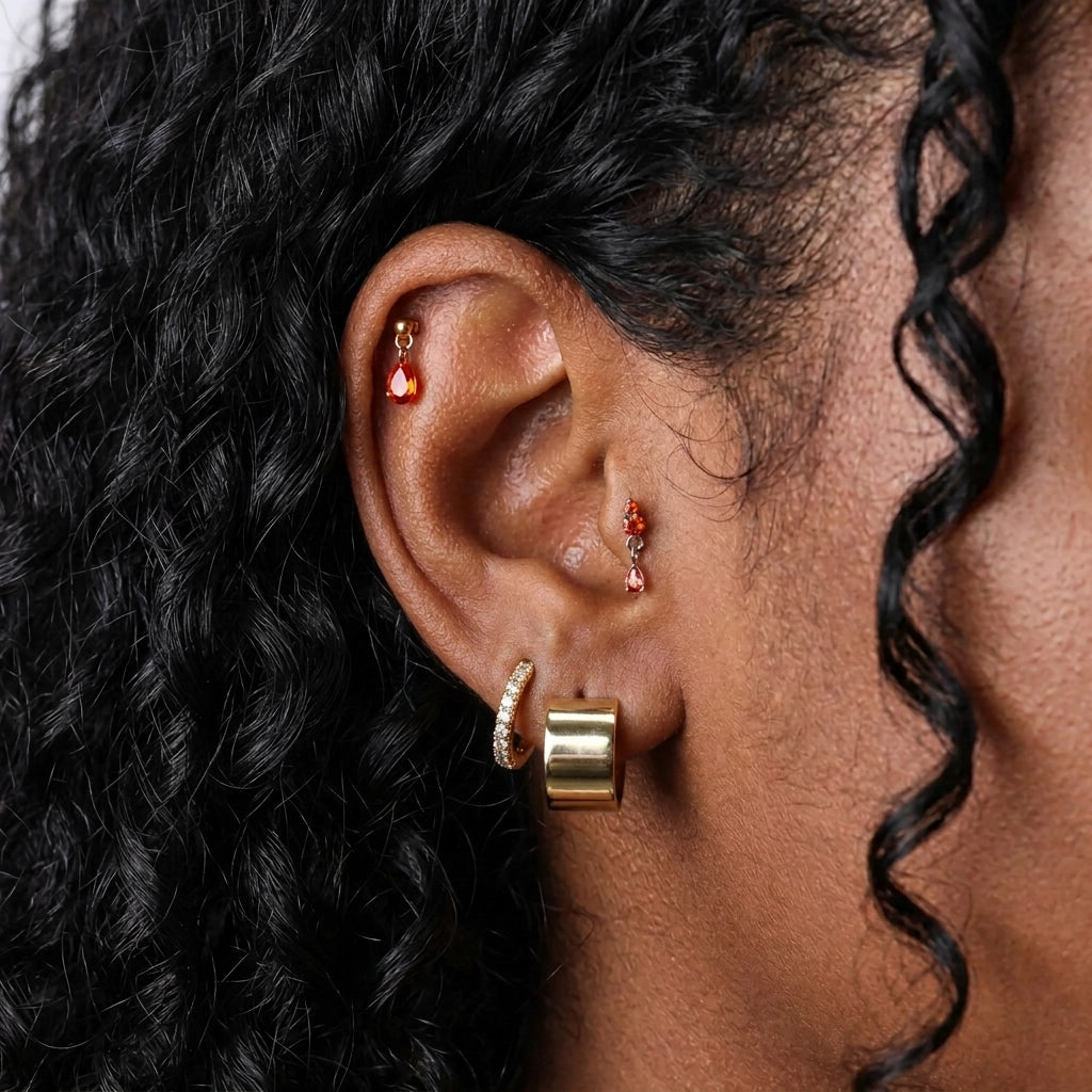 Titanium Freyja Floating Waterdrop Stud | Vertical Helix Earring - Red