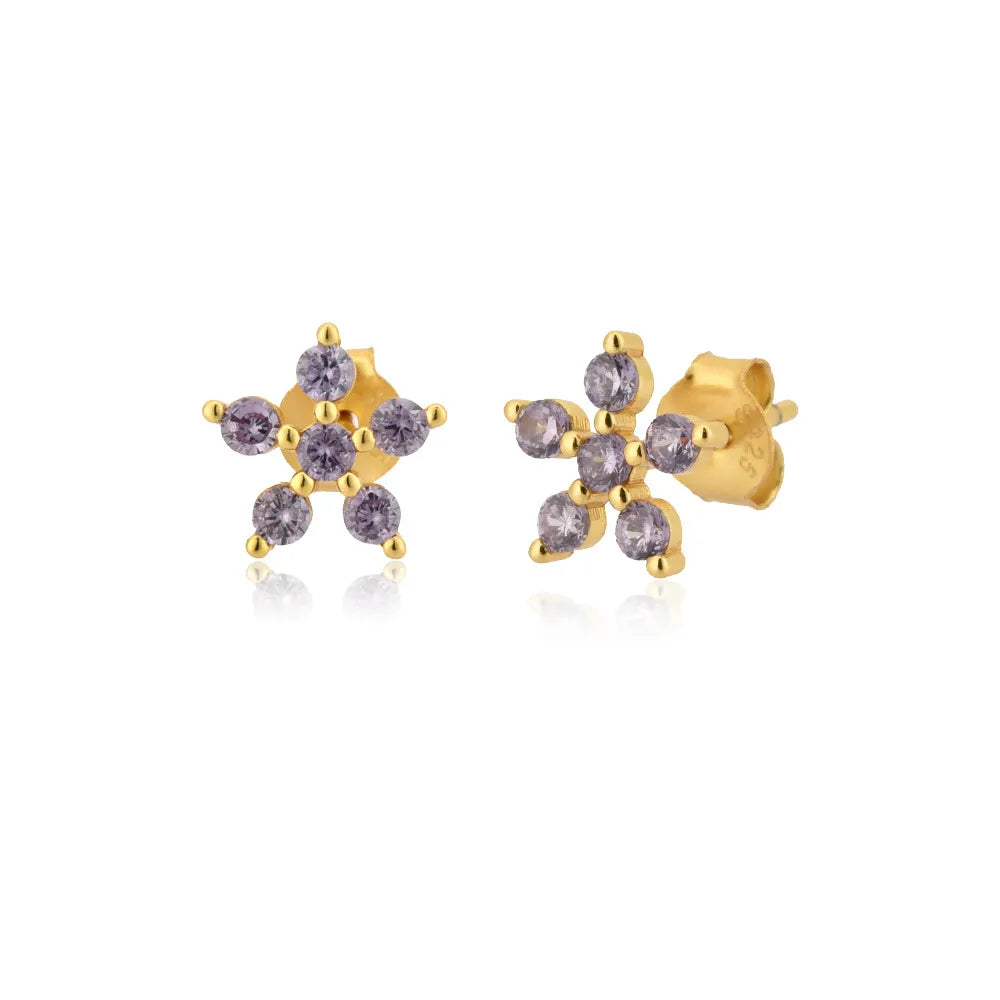 Six Stone Violet Flower Stud Earrings