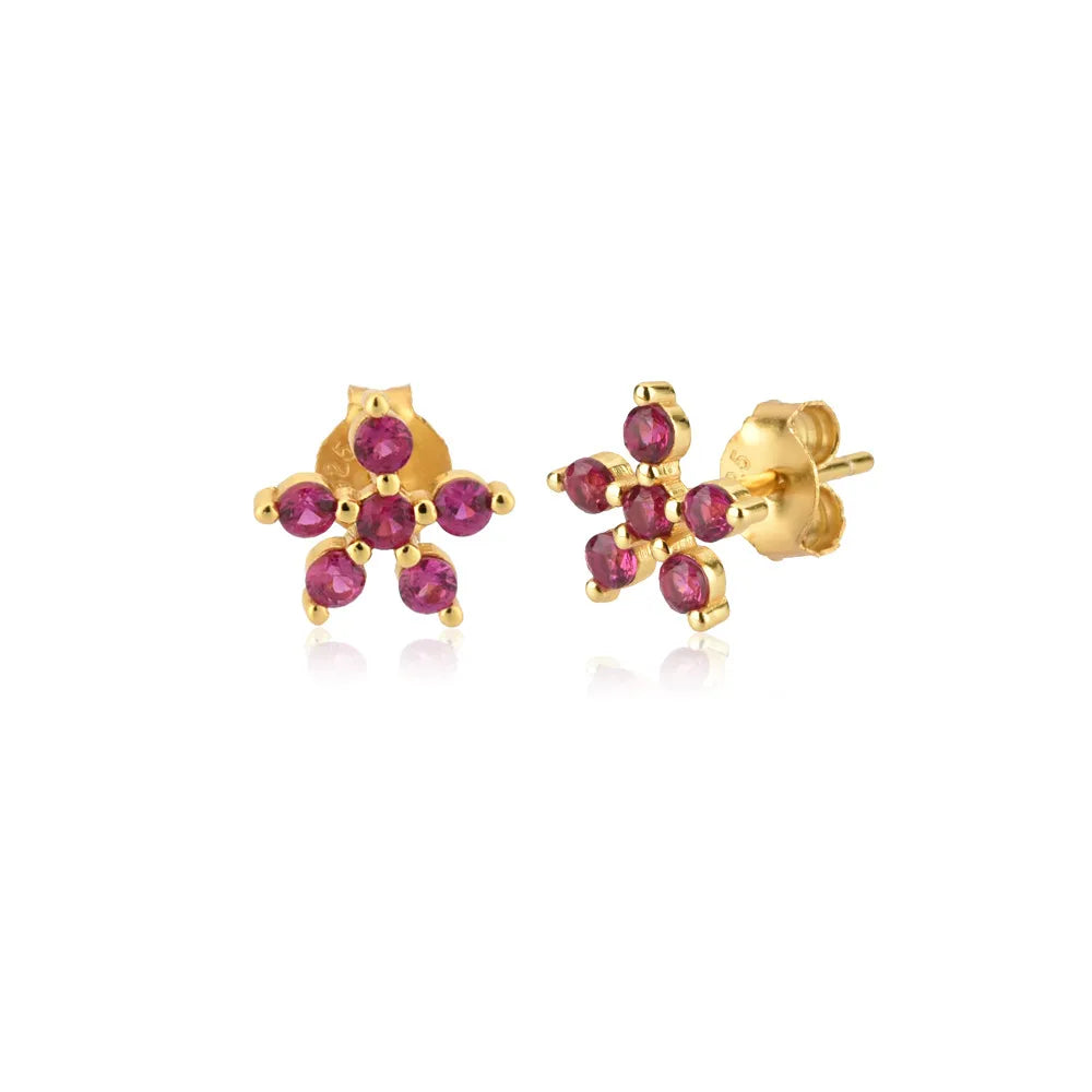 Six Stone Ruby Flower Stud Earrings