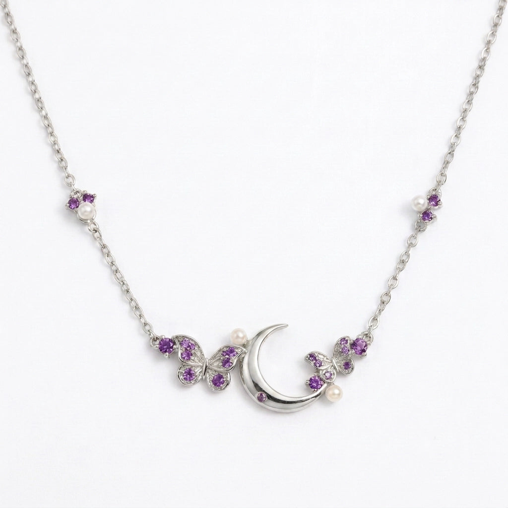 Amethyst Crescent Moon & Butterfly Necklace