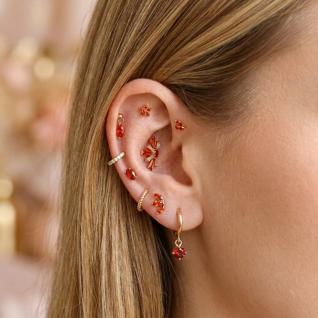 Titanium Oval Orange Red Gemstone Flat Back Stud