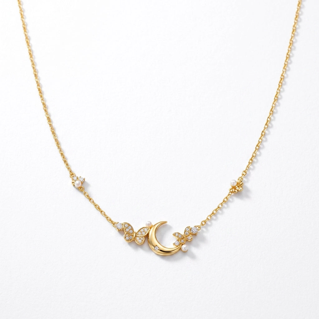 Diamond Crescent Moon & Butterfly Necklace
