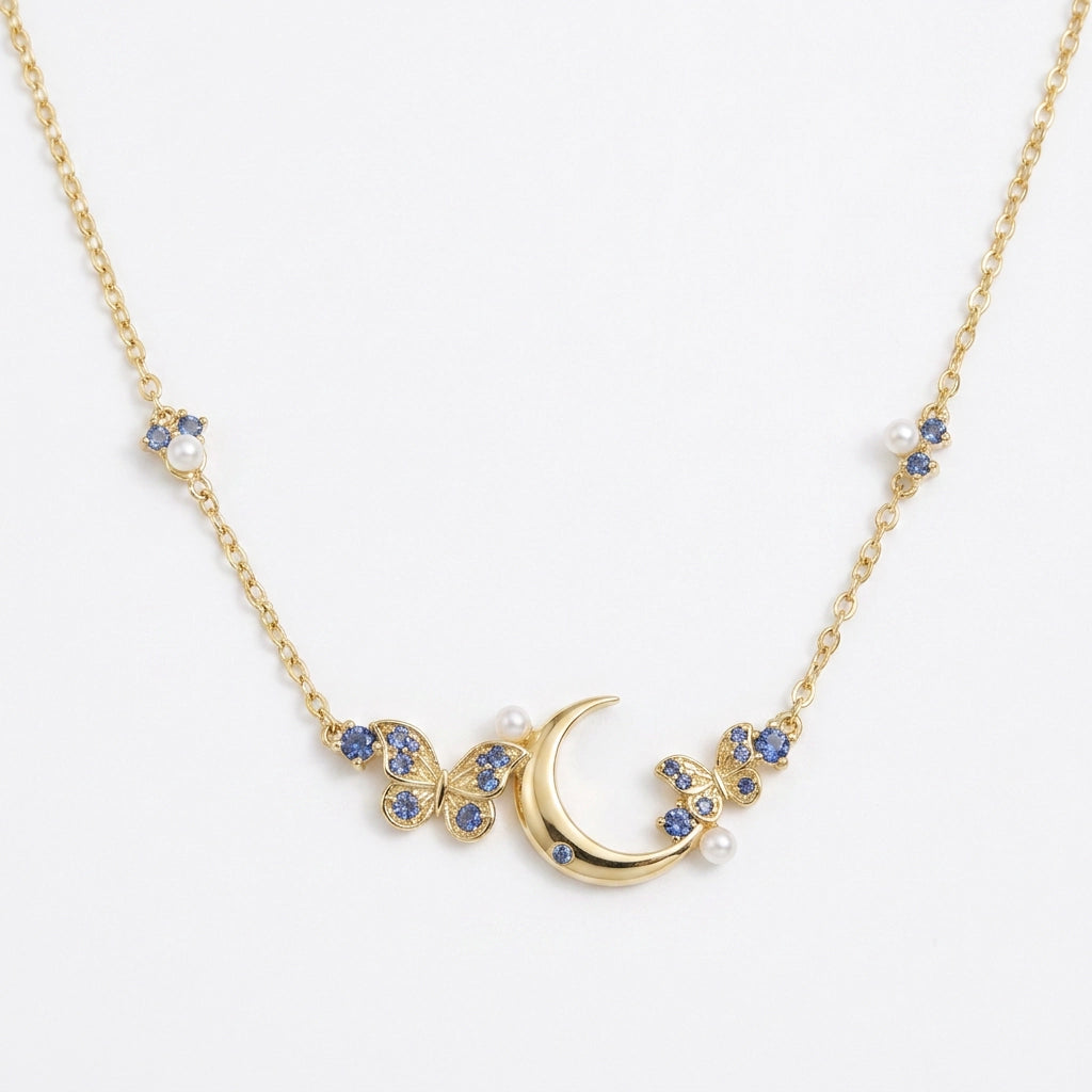 Tanzanite Crescent Moon & Butterfly Necklace