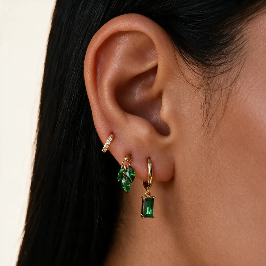 Green Emerald - Titanium Floating Plume Flat Back Earring | Vertical Helix Stud