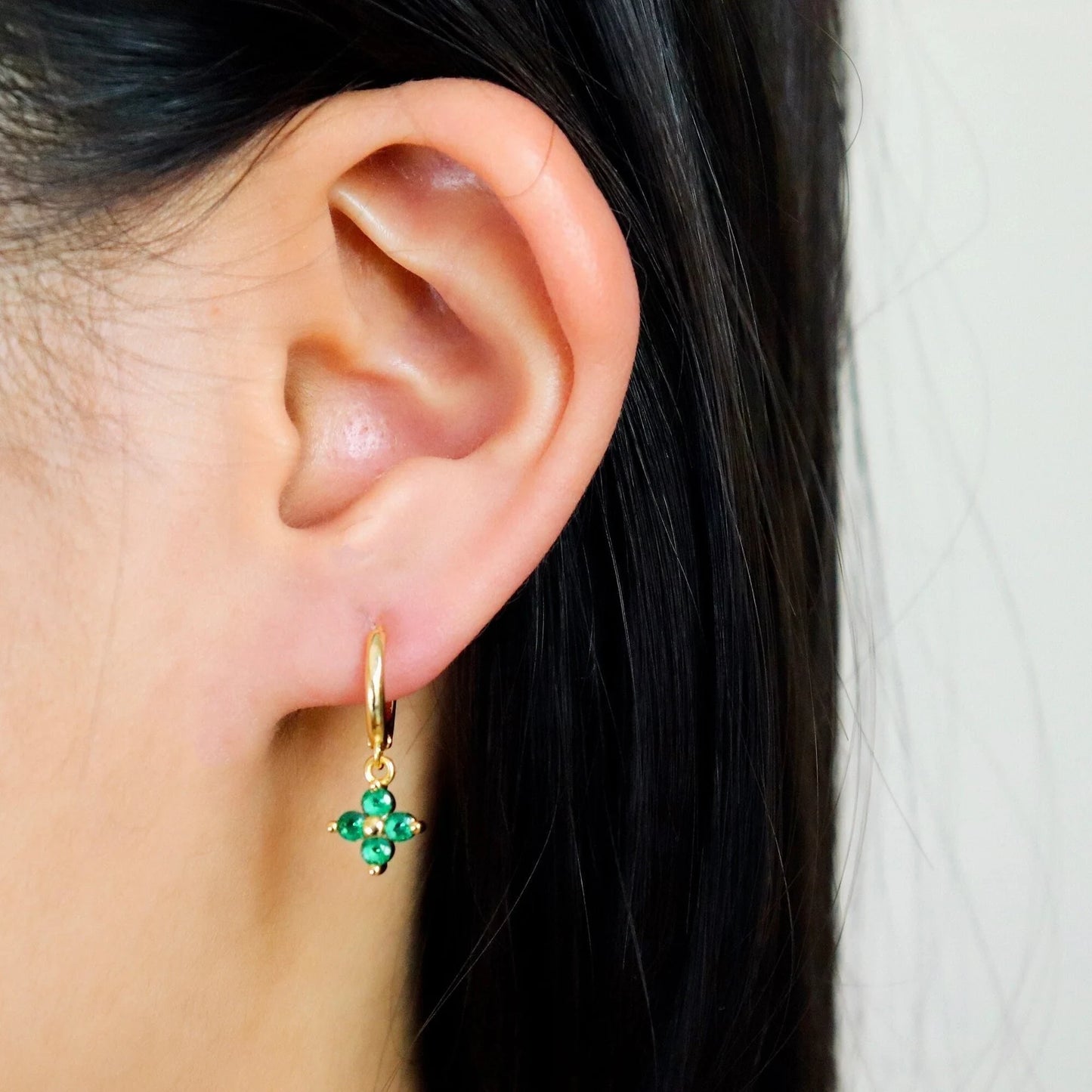 Green Emerald Four-Clover Hoop Earrings